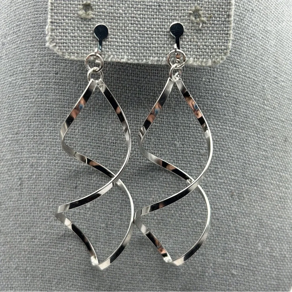 Long Silver Tone Large Infinity Hoop Clip On Earrings